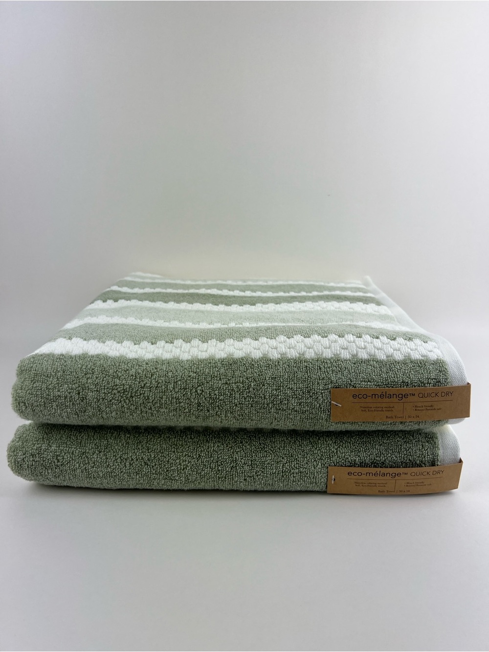 Eco Melange Bath Towels Green White Quick Dry Soft 100% Cotton 2 Pc Set NEW